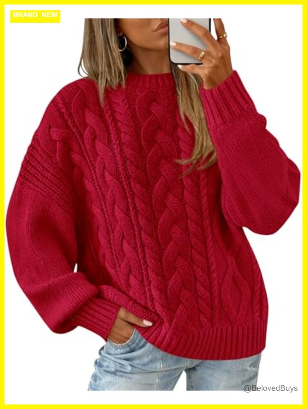 Women's Oversized Cable Knit Sweater Crewneck Lantern Sleeve Pullover